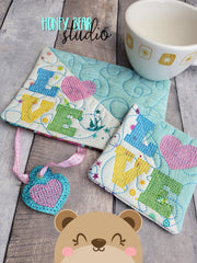 LOVE Block Letters Chenille-Type Diagonal Applique COASTER and MUG RUG Set 4x4 5x7 1 design DIGITAL DOWNLOAD embroidery file ITH In the Hoop 0123