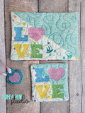 LOVE Block Letters Chenille-Type Diagonal Applique COASTER and MUG RUG Set 4x4 5x7 1 design DIGITAL DOWNLOAD embroidery file ITH In the Hoop 0123