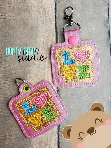 LOVE block letters Chenille-type snap tab or eyelet fob for 4x4  DIGITAL DOWNLOAD embroidery file ITH In the Hoop 0123