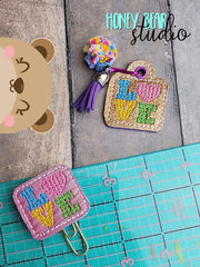 LOVE Block Letters Chenille-type feltie SET, feltie, charm or zipper pull eyelet for 4x4  DIGITAL DOWNLOAD embroidery file ITH In the Hoop 0123