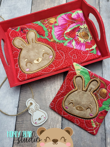 Kawaii Bunny Diagonal Applique COASTER and MUG RUG Set 4x4 5x7 1 design DIGITAL DOWNLOAD embroidery file ITH In the Hoop 0123
