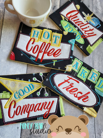 Atomic Googie Mid Century MCM Signs Mug Rugs Diner Big VALUE 4 Designs Pack 5x7 DIGITAL DOWNLOAD embroidery file ITH In the Hoop 0522