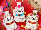 Maneki Neko Beckoning Kawaii Cute Kitty Cat snap tab, or eyelet key fob  set 4x4  DIGITAL DOWNLOAD embroidery file ITH In the Hoop Feb 2020