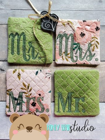 Mr Mrs Wedding Coaster Designs Pack 4x4 DIGITAL DOWNLOAD embroidery file ITH In the Hoop 1121