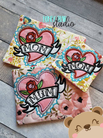 Mom Mum Tattoo Floral Applique COASTER and MUG RUG Set 4x4 5x7  DIGITAL DOWNLOAD embroidery file ITH In the Hoop 0422