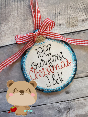 Font Included Our First Christmas Customizable CIRCLE Applique Ornament 4x4 DIGITAL DOWNLOAD embroidery file ITH In the Hoop 1121