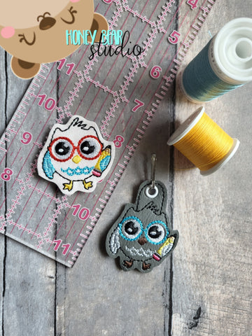 Owl with Glasses Pencil Geeky Cute Teacher School Fall feltie SET, feltie, charm or zipper pull eyelet for 4x4  DIGITAL DOWNLOAD embroidery file ITH In the Hoop 0722
