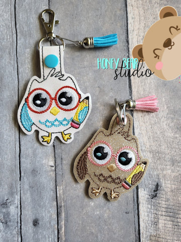 Owl and Pencil Back to School snap tab, or eyelet key fob  set 4x4  DIGITAL DOWNLOAD embroidery file ITH In the Hoop 0722