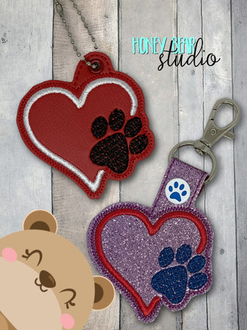 Paw Print in Heart Snap Tab, Eyelet Fob 4x4 SET DIGITAL DOWNLOAD embroidery file ITH In the Hoop 0223 04