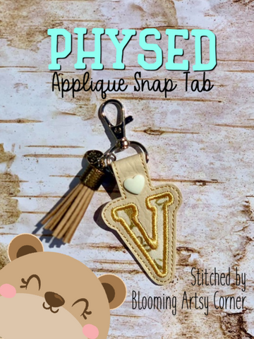 PhysEd Font Letter V Applique  snap tab, or eyelet fob for 4x4  DIGITAL DOWNLOAD embroidery file ITH In the Hoop