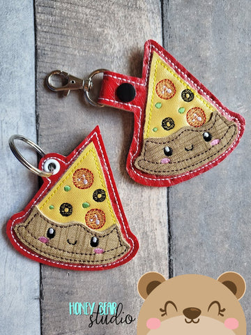 Pizza Pie Slice Fast Food Kawaii APPLIQUE Fob snap tab, or eyelet key fob  set 4x4  DIGITAL DOWNLOAD embroidery file ITH In the Hoop 0922