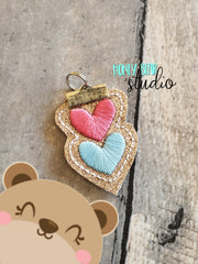 Double Hearts Mini Clamp zipper pull DIGITAL DOWNLOAD embroidery file ITH In the Hoop 0122