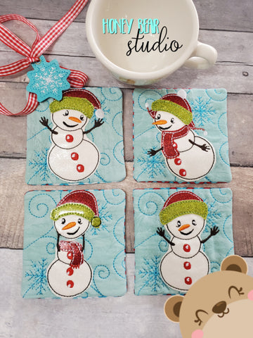 Snowman Snow Man Applique COASTER Set 4x4 4 designs DIGITAL DOWNLOAD embroidery file ITH In the Hoop 1121