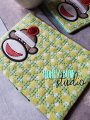 Sock Monkey Applique COASTER and MUG RUG Set 4x4 5x7 1 design DIGITAL DOWNLOAD embroidery file ITH In the Hoop 1021