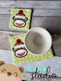 Sock Monkey Applique COASTER and MUG RUG Set 4x4 5x7 1 design DIGITAL DOWNLOAD embroidery file ITH In the Hoop 1021