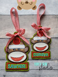 Sock Monkey Name Applique Ornament 4x4 5x7 DIGITAL DOWNLOAD embroidery file ITH In the Hoop 1021