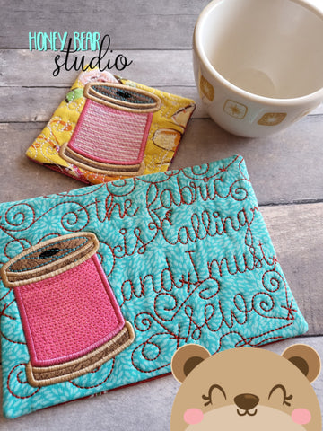 Sewing Notion Spool of Thread Applique COASTER and MUG RUG Set 4x4 5x7 DIGITAL DOWNLOAD embroidery file ITH In the Hoop 0222
