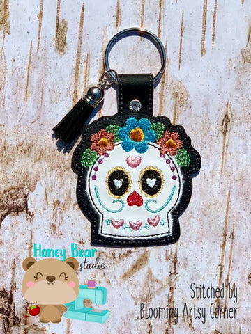 Day of The Dead Sugar Skull Floral snap tab, or eyelet key fob  set 4x4  DIGITAL DOWNLOAD embroidery file ITH In the Hoop Oct 2019