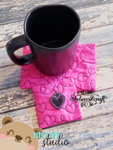 Swirly Hearts Stippling COASTER and MUG RUG Set 4x4 5x7 DIGITAL DOWNLOAD embroidery file ITH In the Hoop 0122