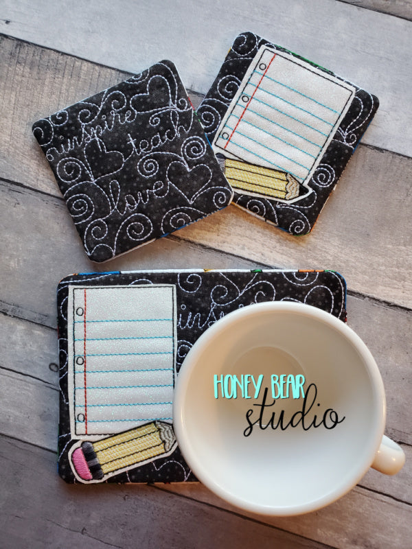 Teacher Pencil Notebook School Applique MUG RUG Coaster Set 4x4 5x7 ...