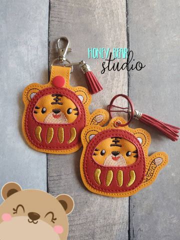Tiger New Year Daruma Applique snap tab, or eyelet key fob  set 4x4  DIGITAL DOWNLOAD embroidery file ITH In the Hoop 0122