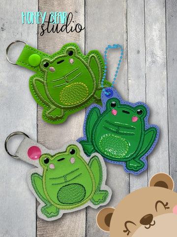 Timid Frog Shy Kawaii Toad Applique Snap Tab, Eyelet Fob 4x4 SET DIGITAL DOWNLOAD embroidery file ITH In the Hoop 0223 04