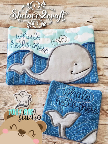 Whale Hello There Punny Applique COASTER and MUG RUG Set 4x4 5x7  DIGITAL DOWNLOAD embroidery file ITH In the Hoop 0522