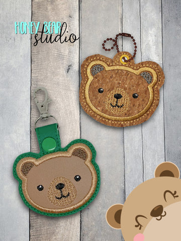 Woodland Bear Applique Snap Tab, Eyelet Fob 4x4 SET DIGITAL DOWNLOAD embroidery file ITH In the Hoop 0323 02