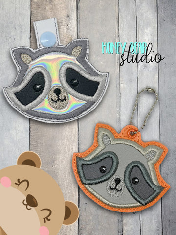 Woodland Raccoon Applique Snap Tab, Eyelet Fob 4x4 SET DIGITAL DOWNLOAD embroidery file ITH In the Hoop 0323 02