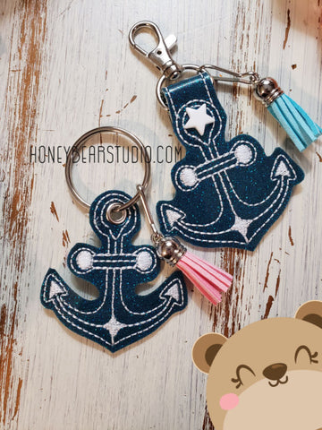 Simple anchor nautical snap tab, or eyelet key fob  set 4x4  DIGITAL DOWNLOAD embroidery file ITH In the Hoop Aug 2019