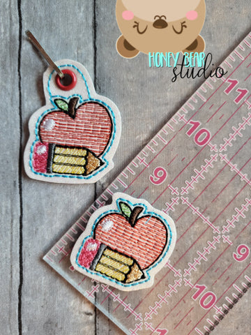 Apple with Pencil Cute Teacher School Fall feltie SET, feltie, charm or zipper pull eyelet for 4x4  DIGITAL DOWNLOAD embroidery file ITH In the Hoop 0722