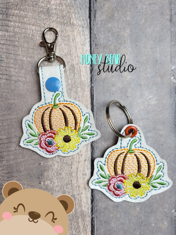 Floral Pumpkin Fall snap tab, or eyelet key fob  set 4x4  DIGITAL DOWNLOAD embroidery file ITH In the Hoop 0822