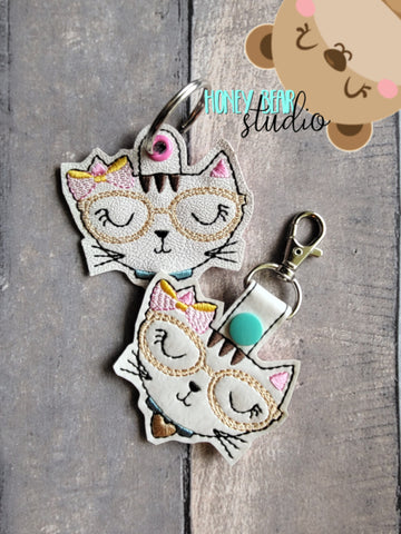 Geeky Kitty Cute Glasses Nerd Reading Cat Chic Back to School snap tab, or eyelet key fob  set 4x4  DIGITAL DOWNLOAD embroidery file ITH In the Hoop 0822