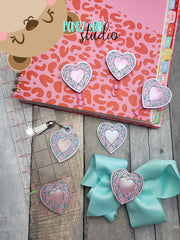 Gem Faceted Heart Valentine feltie SET, feltie, charm or zipper pull eyelet for 4x4  DIGITAL DOWNLOAD embroidery file ITH In the Hoop 0123