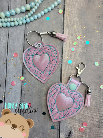Gem Faceted Heart Valentine Snap Tab, Eyelet Fob 4x4 SET DIGITAL DOWNLOAD embroidery file ITH In the Hoop 0123