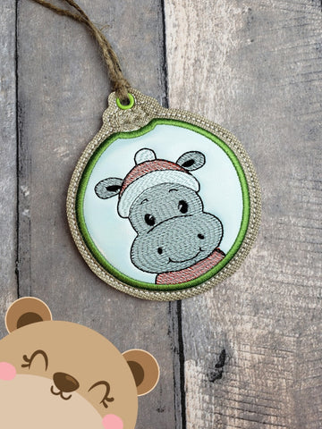Sketchy Hippo Friend Christmas Ornament Applique  4x4 DIGITAL DOWNLOAD embroidery file ITH In the Hoop Dec 2019