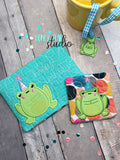 Bday Bashful Frog Birthday Hoppy Kawaii Applique COASTER and MUG RUG Set 4x4 5x7 1 design DIGITAL DOWNLOAD embroidery file ITH In the Hoop 0123