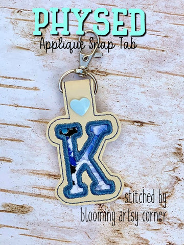 PhysEd Font Letter K Applique  snap tab, or eyelet fob for 4x4  DIGITAL DOWNLOAD embroidery file ITH In the Hoop