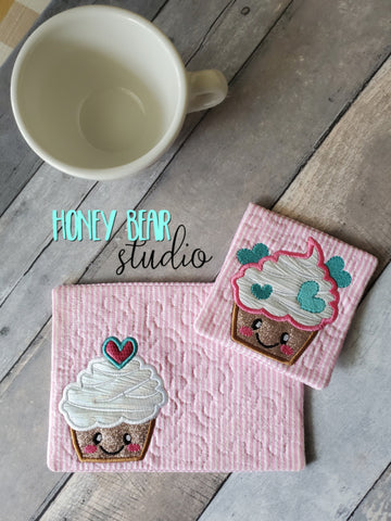 Cupcake Hearts Applique COASTER and MUG RUG Set 4x4 5x7 1 design DIGITAL DOWNLOAD embroidery file ITH In the Hoop 0321