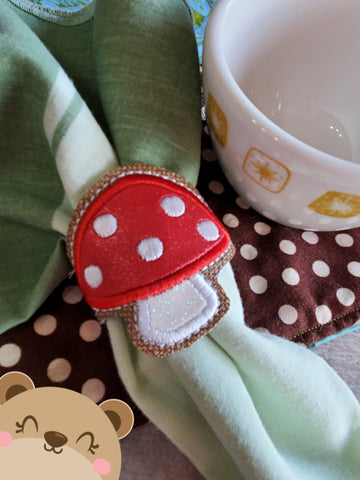 Woodland Mushroom Applique Napkin Ring Snap 4x4  DIGITAL DOWNLOAD embroidery file ITH In the Hoop 1121