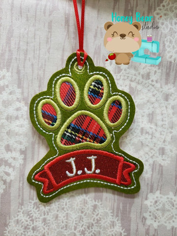 Christmas Paw Print with Banner Name Applique Ornament 4x4 DIGITAL DOWNLOAD embroidery file ITH In the Hoop Nov 26 2018