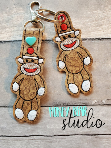 Sock Monkey Snap Tab, Eyelet Fob 4x4 SET DIGITAL DOWNLOAD embroidery file ITH In the Hoop 1021