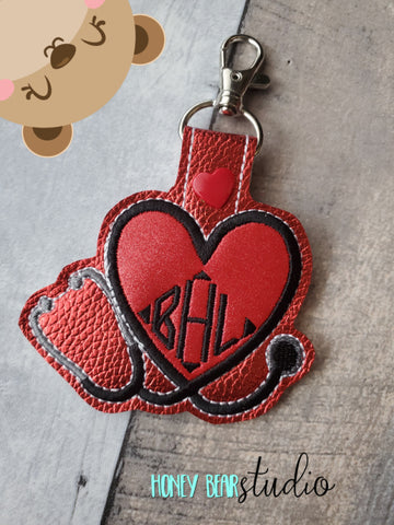 Stethoscope Heart includes paw version snap tab, or eyelet key fob  set 4x4  DIGITAL DOWNLOAD embroidery file ITH In the Hoop 12 2020