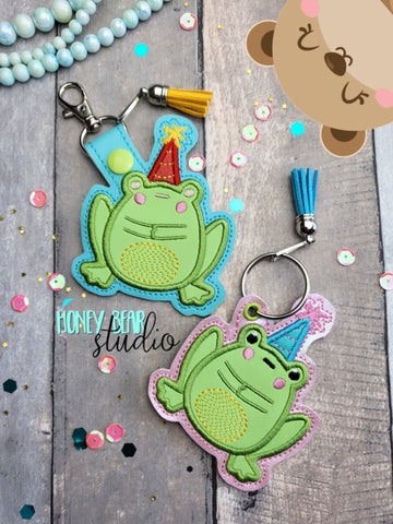 Timid Bashful Birthday Frog Toad snap tab or eyelet fob for 4x4  DIGITAL DOWNLOAD embroidery file ITH In the Hoop 0123