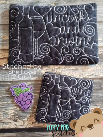 Uncork and Unwine Fun Wine COASTER and MUG RUG Set 4x4 5x7 DIGITAL DOWNLOAD embroidery file ITH In the Hoop 1221